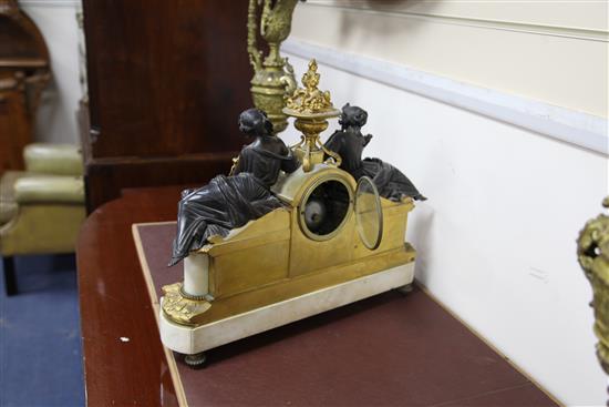 A 19th century French bronze, ormolu and white marble mantel clock, H.17in.